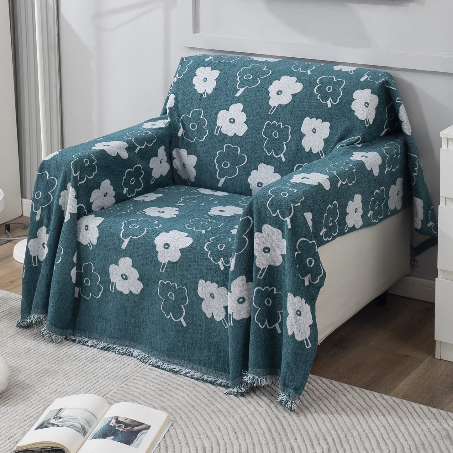 Thick, Soft and Pet Friendly Chenille Sofa Cover Throw, Teal Floral