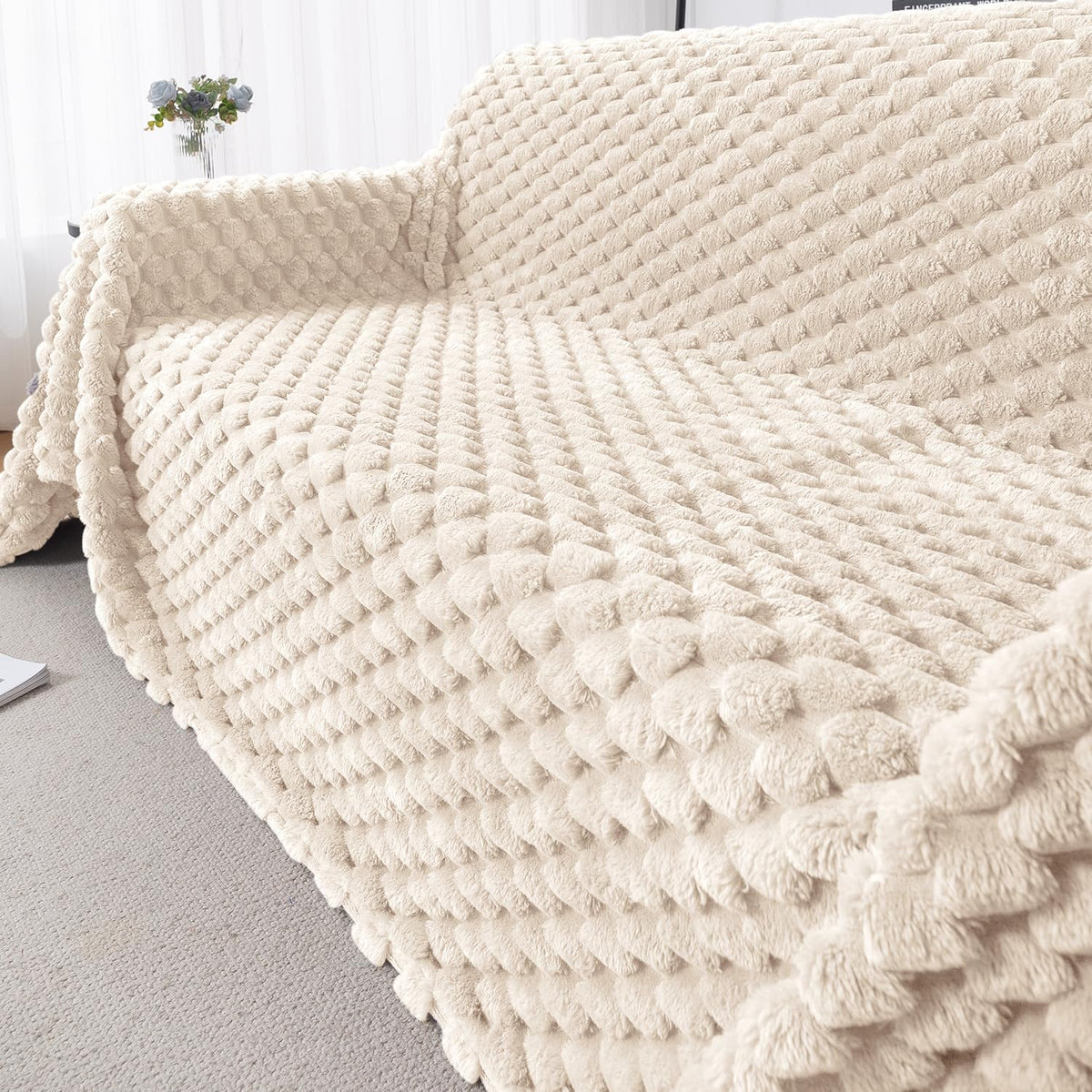 Luxury Rabbit Wool Plush Sofa Throw, Cream