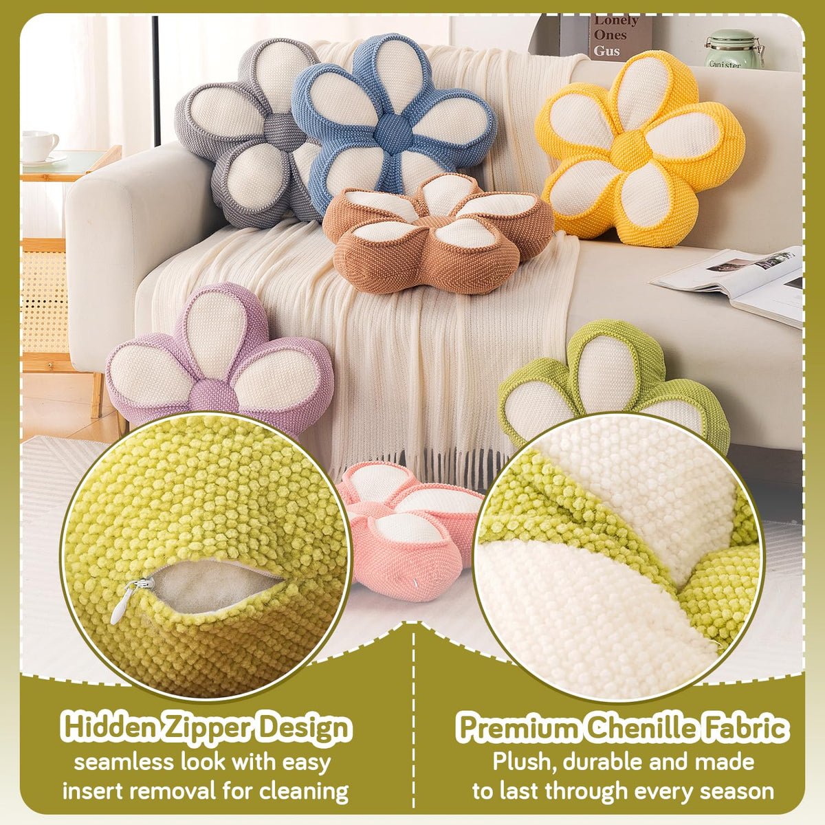 HOKIPO Daisy Petal Flower Cushion for Sofa & Bed, 47 cm, Grey
