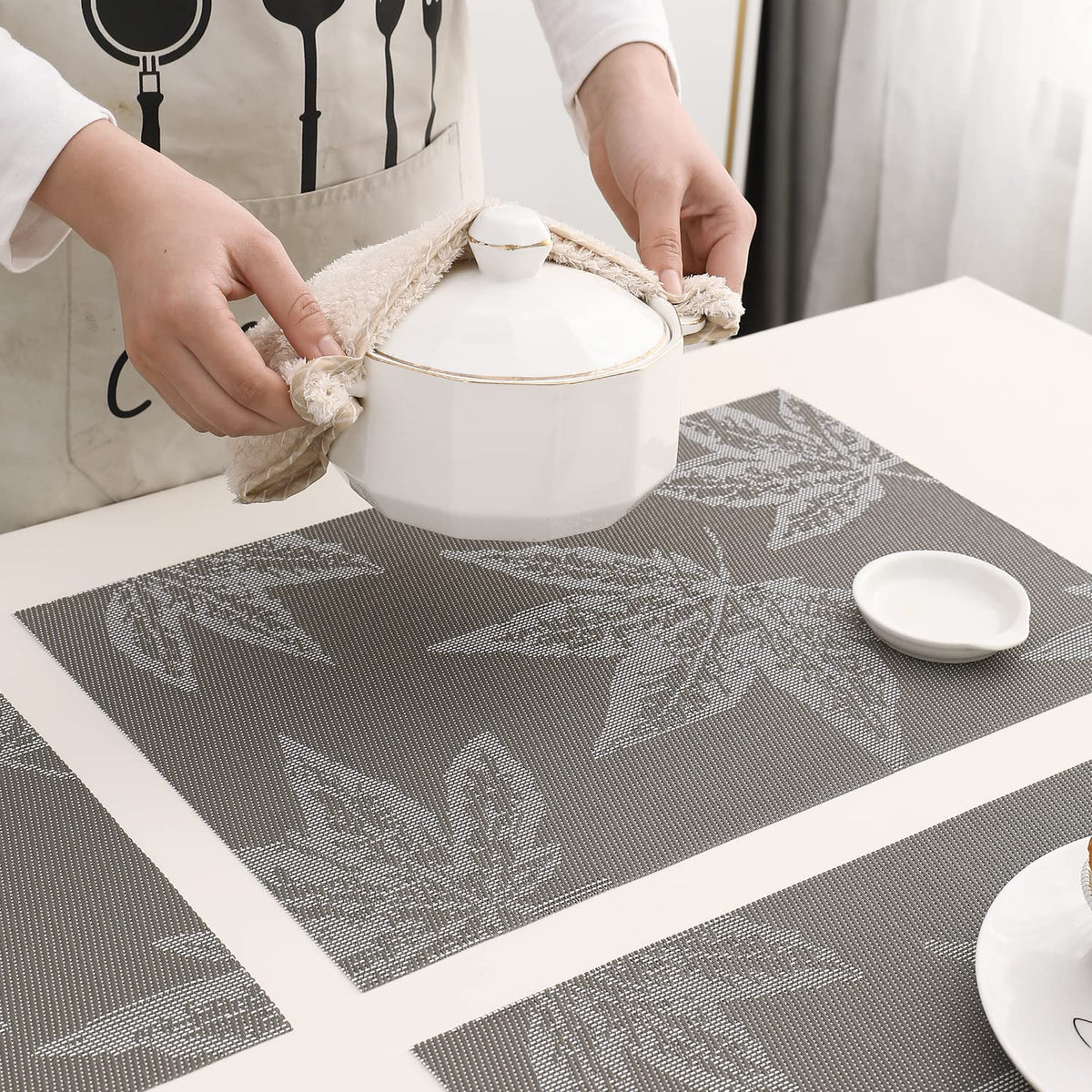 PVC Dining Table Mats, Grey Maple Leaf