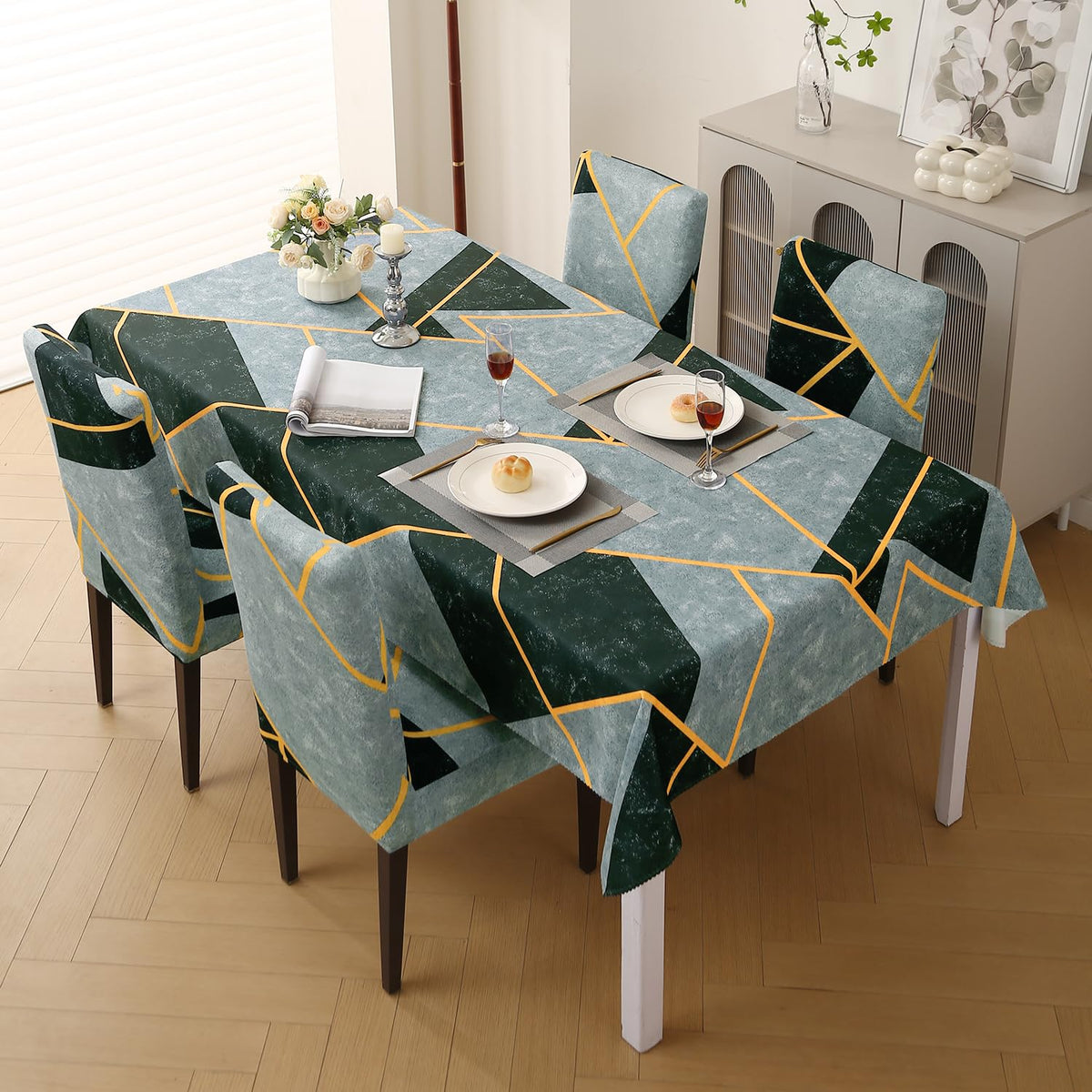 Elastic Dining Chair Covers with Matching Tablecloth, Multicolor Abstract Geometry