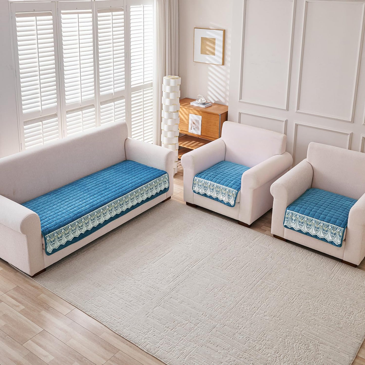 BelleLace Series Imperial Milk Velvet Sofa Cover Mat with Lace Design - Celdaon Blue