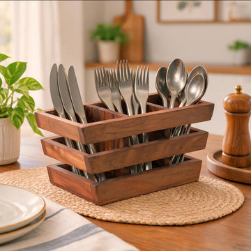HOKIPO Arbor Acacia Wood Cutlery Holder, 3 Compartment Slatted Spoon Stand - image 1