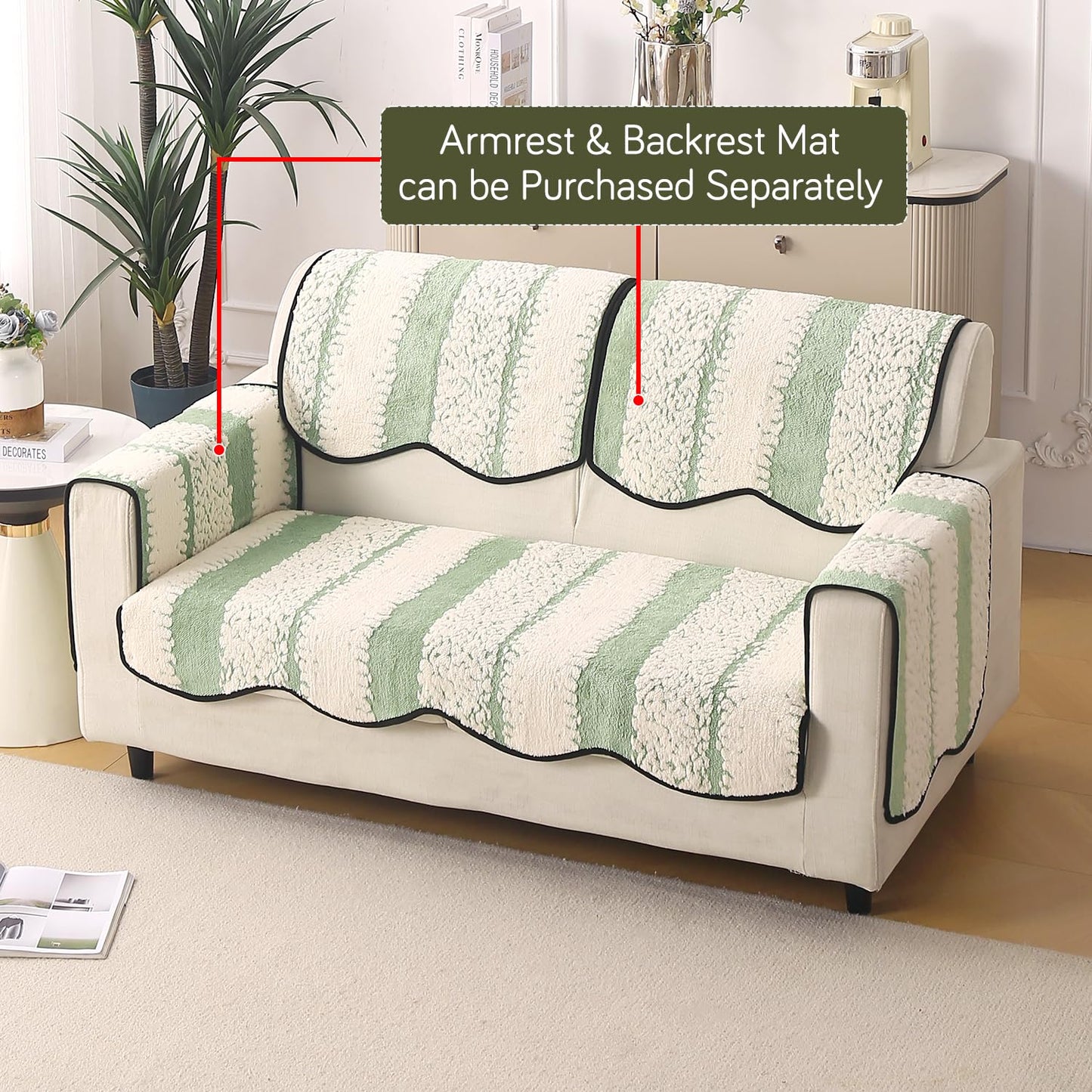 Luxury Wavy Anti Slip Plush Sofa Cover Mat, Pistachio Green