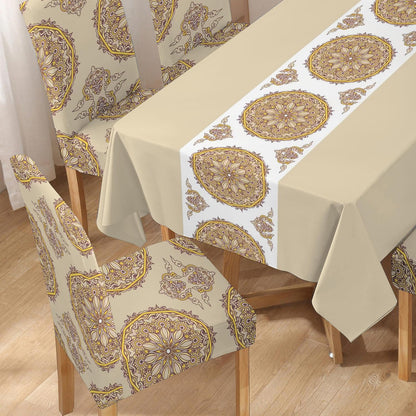 Polyester Dining Chair Covers Set of 4/6 with Matching Tablecloth, Mandala Sand Brown