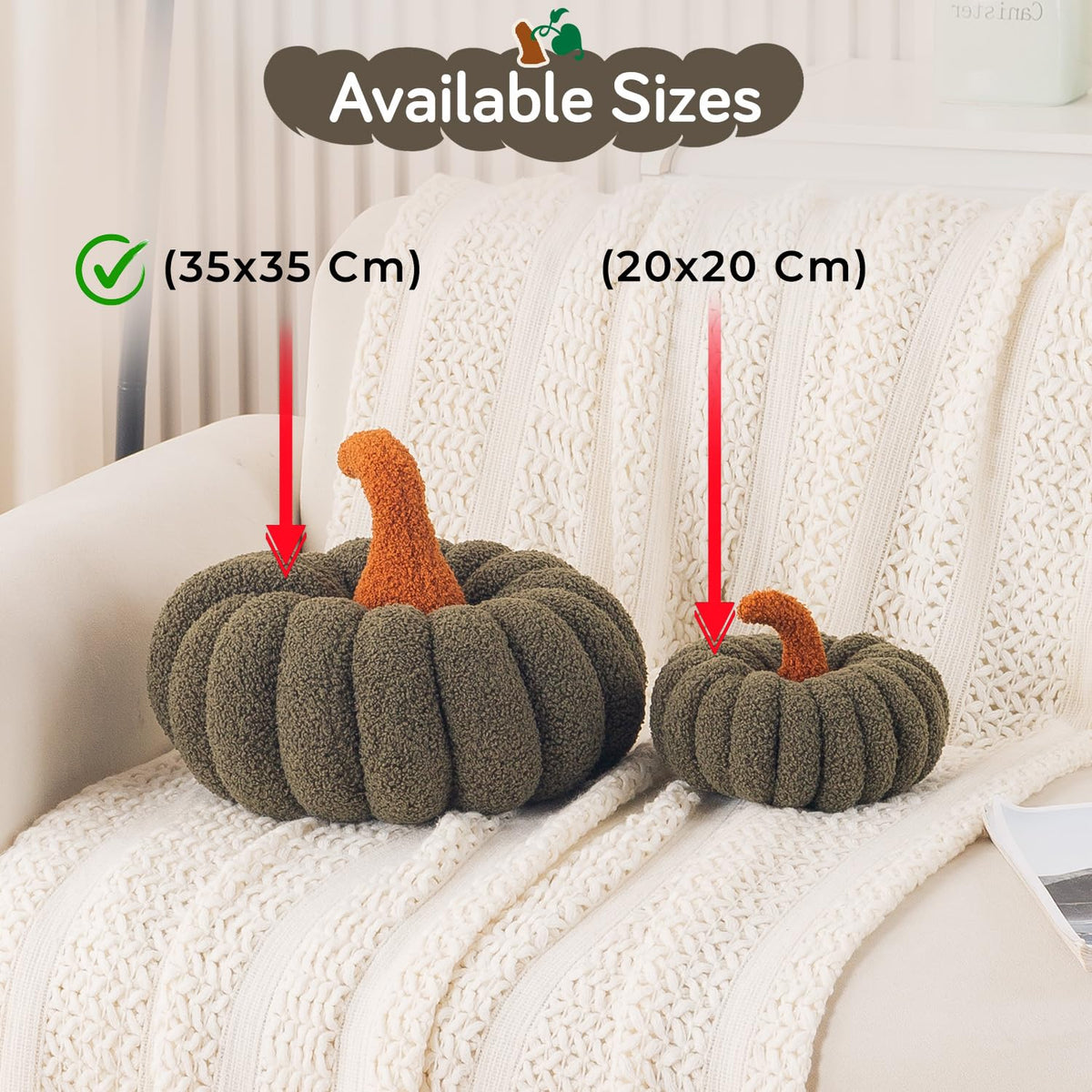 HOKIPO Pumpkin Shaped Throw Pillow for Party Decor, 35 cm, Olive Green