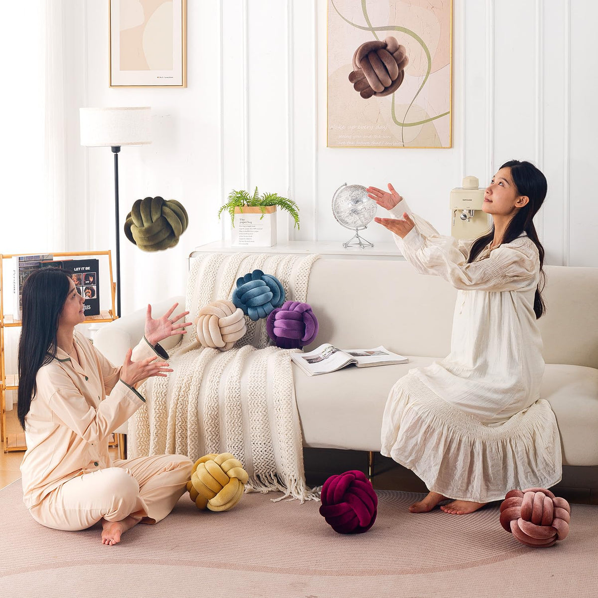 HOKIPO Velvet Knot Ball Cushion for Sofa & Bed, 20 cm, Blue