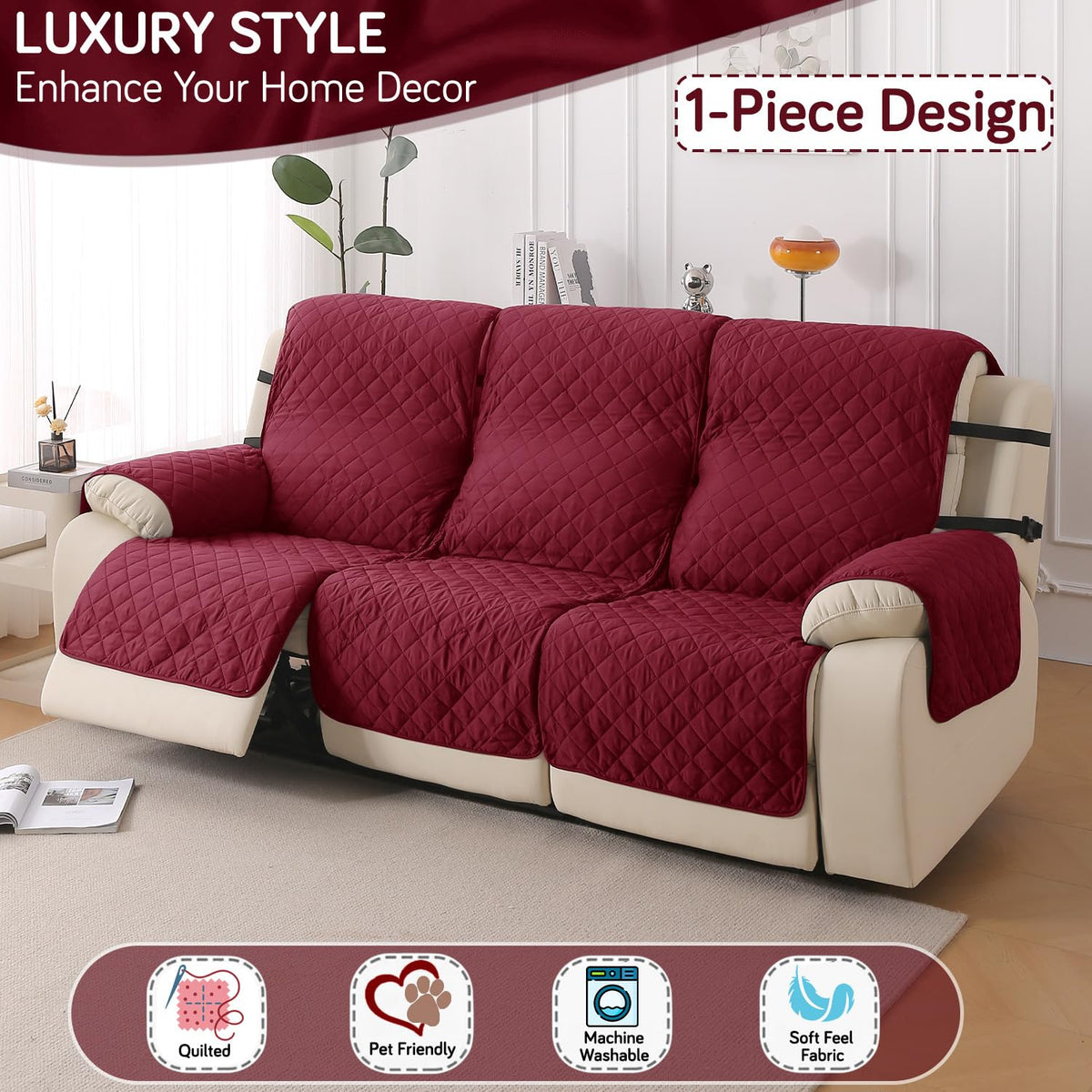 UrbanQuilt Recliner Sofa Slipcover Mat with Dual Belt for 1/2/3 Seater - Maroon