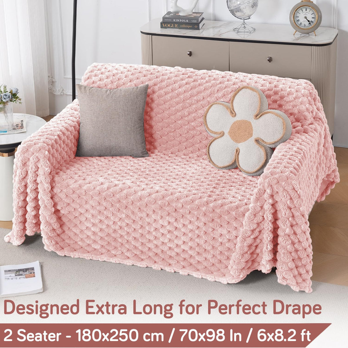 Luxury Rabbit Wool Plush Sofa Throw, Flamingo Pink