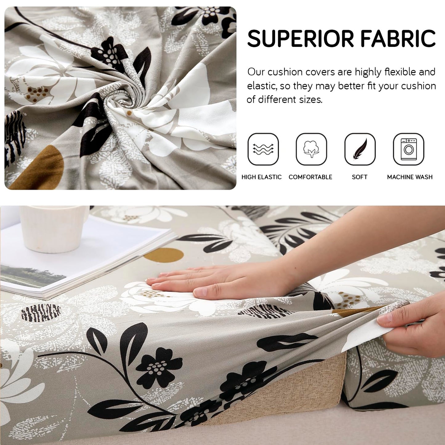 140 GSM Stretchable Printed Elastic Sofa Cushion Seat Cover for 1 /2 /3 Seaters / Pieces for Sofa, Feather Brown Floral