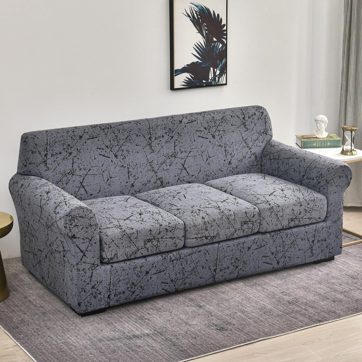 Printed Stretchable Sofa Slipcover with 1/2/3 Pc Separate Seat Cushion Cover for each 1/2/3 Seater, Intense Grey Splatter