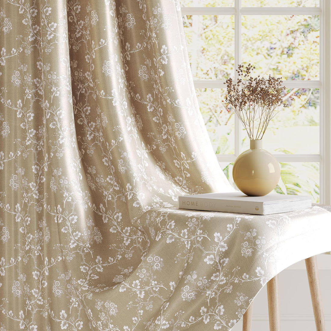 HOKIPO Bahaar Eyelet Curtains, 7 Feet Long - Champagne Beige