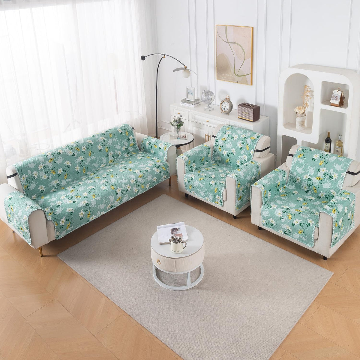 Easy Drape Reversible Quilted 5-Seater Sofa Cover (3+1+1), Fresh Meadow