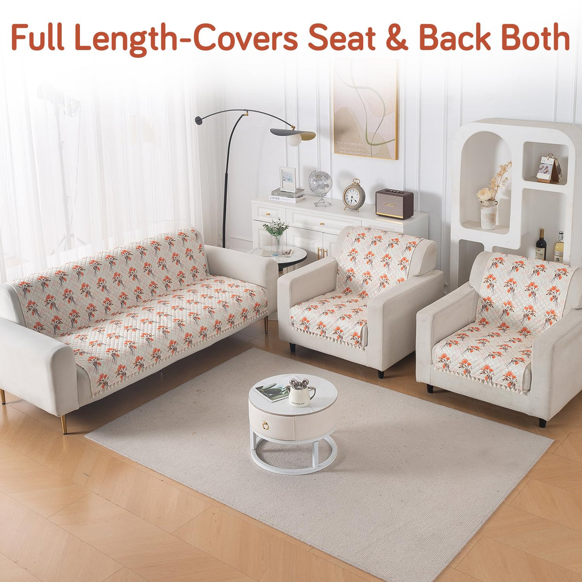 Quilted Sofa Cover 5-Seater Sofa Cover (3+1+1), Tassel Twigs | Autumn Blossom