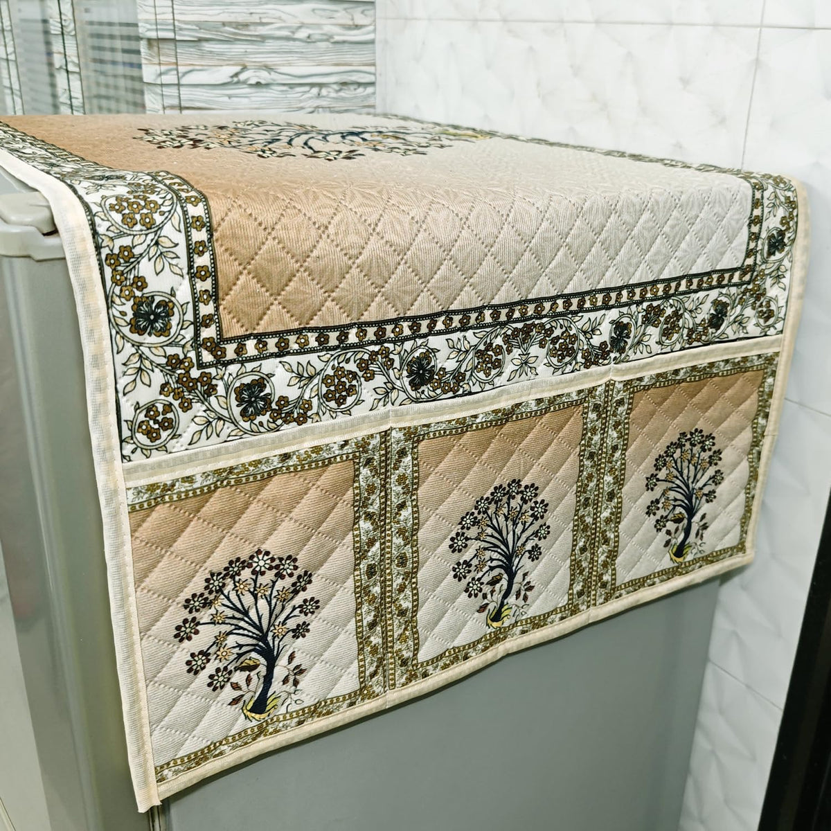 Eternal Floral Printed Quilted Fridge Top Cover with side Pockets - Ornate Tree