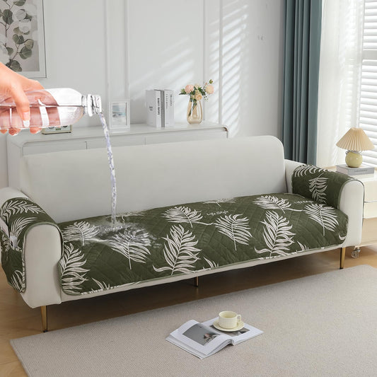 HOKIPO Quilted Waterproof Sofa Seat Mat with 2 Armrest Covers with Pockets, Palm Leaves Olive