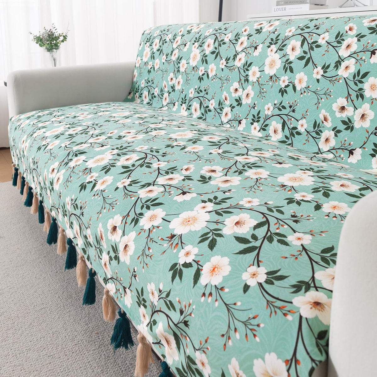 'Whispers of Nature' Series Holland Velvet Sofa Cover with Tassel, Sage Floral Vine