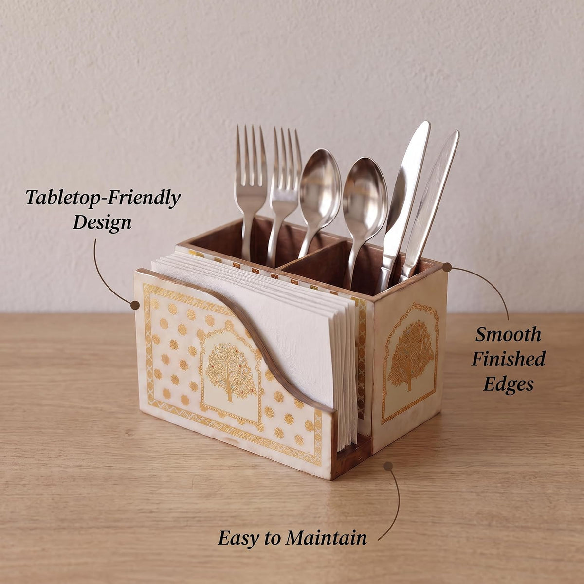 HOKIPO Cutlery Holder with Napkin Stand, Engineered Wood, Swarna Vriksha - image 3