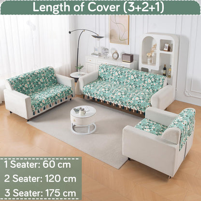 'Whispers of Nature' Series Holland Velvet Sofa Cover with Tassel, Sage Floral Vine