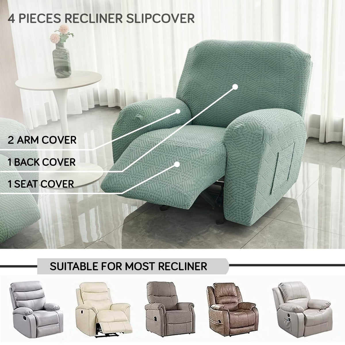 Buy Green Colour Jacquard 4 Pieces Recliner Slipcover | HOKIPO
