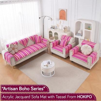 Artisan Boho 5-Seater Sofa Seat Mat wth Tassels (3+1+1), Fuchsia Pink