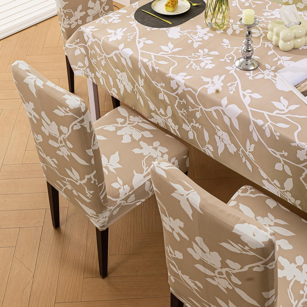 Elastic Dining Chair Covers with Matching Tablecloth, Buff Brown Sillehoute Floral