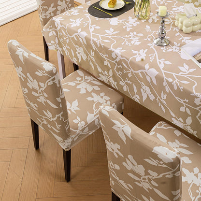 Elastic Dining Chair Covers with Matching Tablecloth, Buff Brown Sillehoute Floral