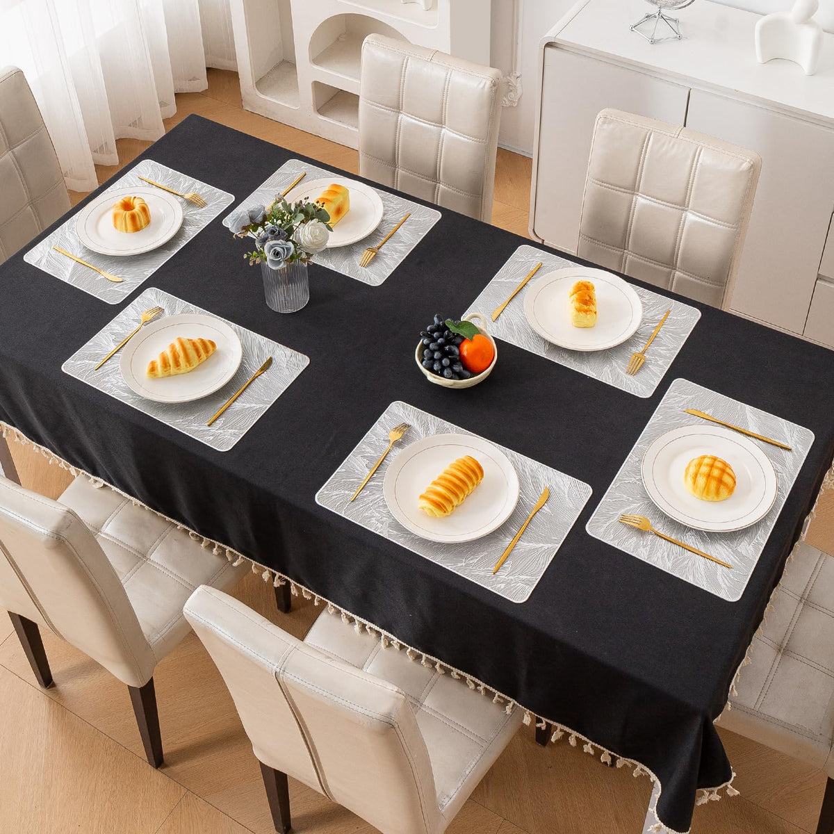 Metallic Glow Shining Mats for Dining Table, Cyad Leaves - Cool Silver