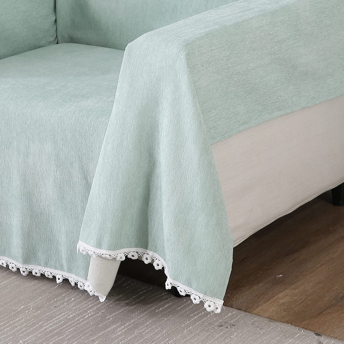 Breathable, soft Mint colour chenille sofa throw material
