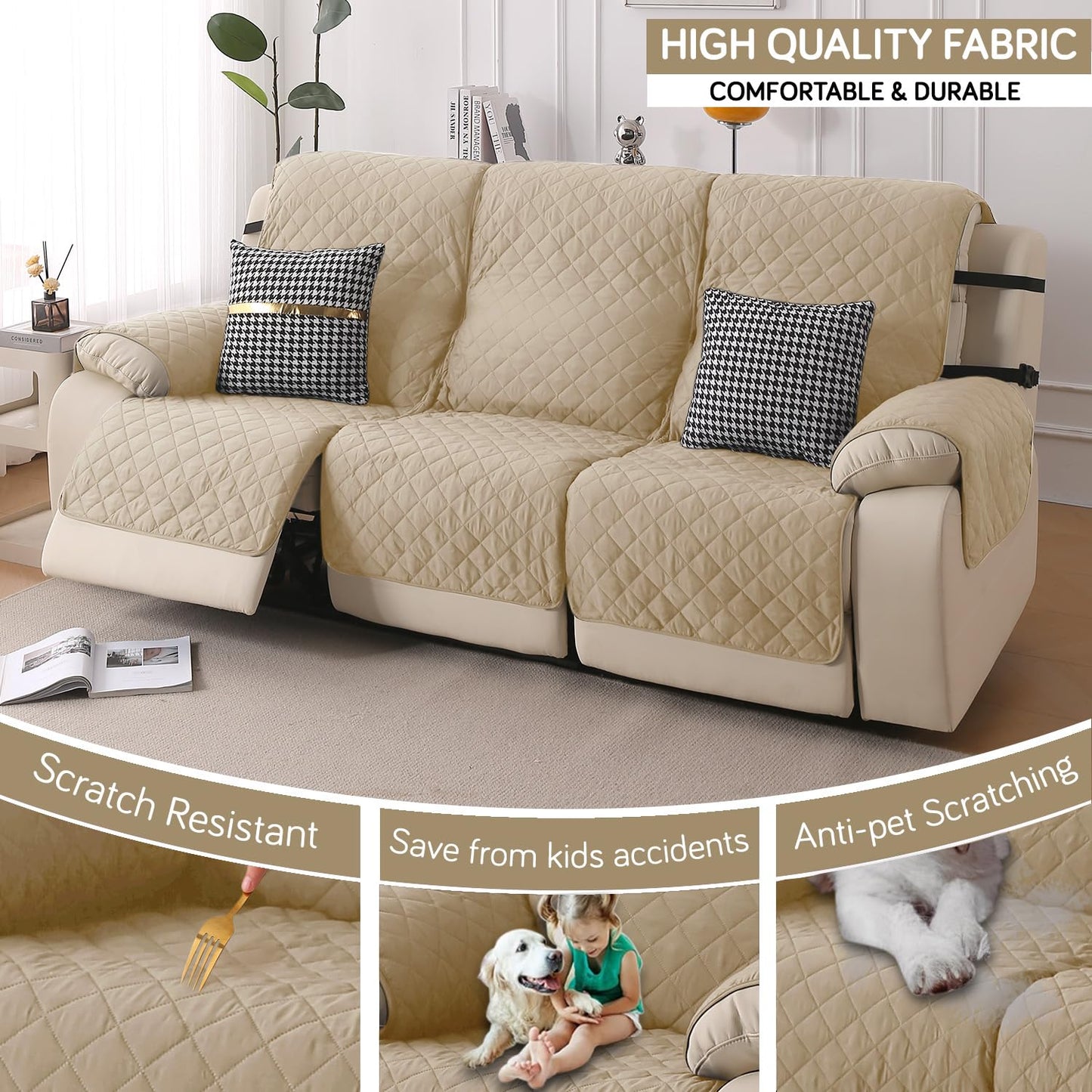UrbanQuilt Recliner Sofa Slipcover Mat with Dual Belt for 1/2/3 Seater - Beige