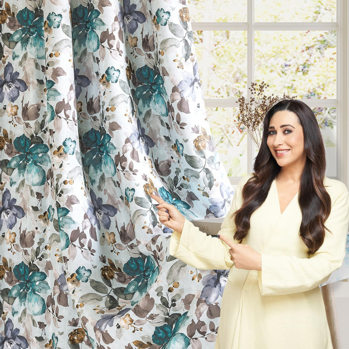 HOKIPO Bloomscape Eyelet Curtains, 7 Feet Long - Floral White