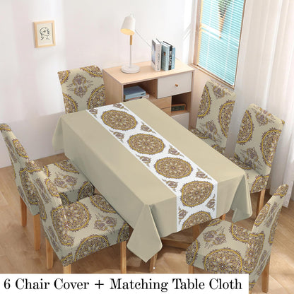 Polyester Dining Chair Covers Set of 4/6 with Matching Tablecloth, Mandala Sand Brown