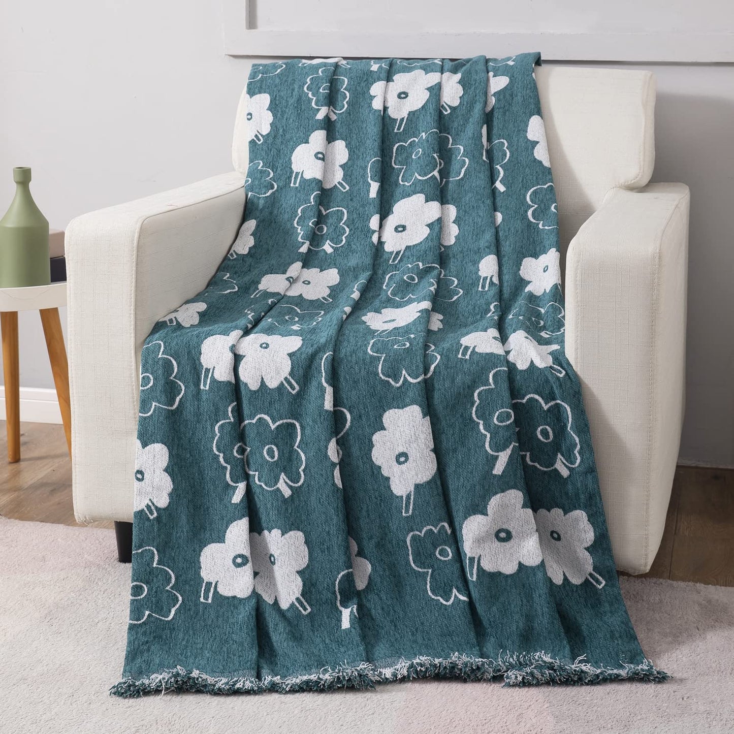 Thick, Soft and Pet Friendly Chenille Sofa Cover Throw, Teal Floral