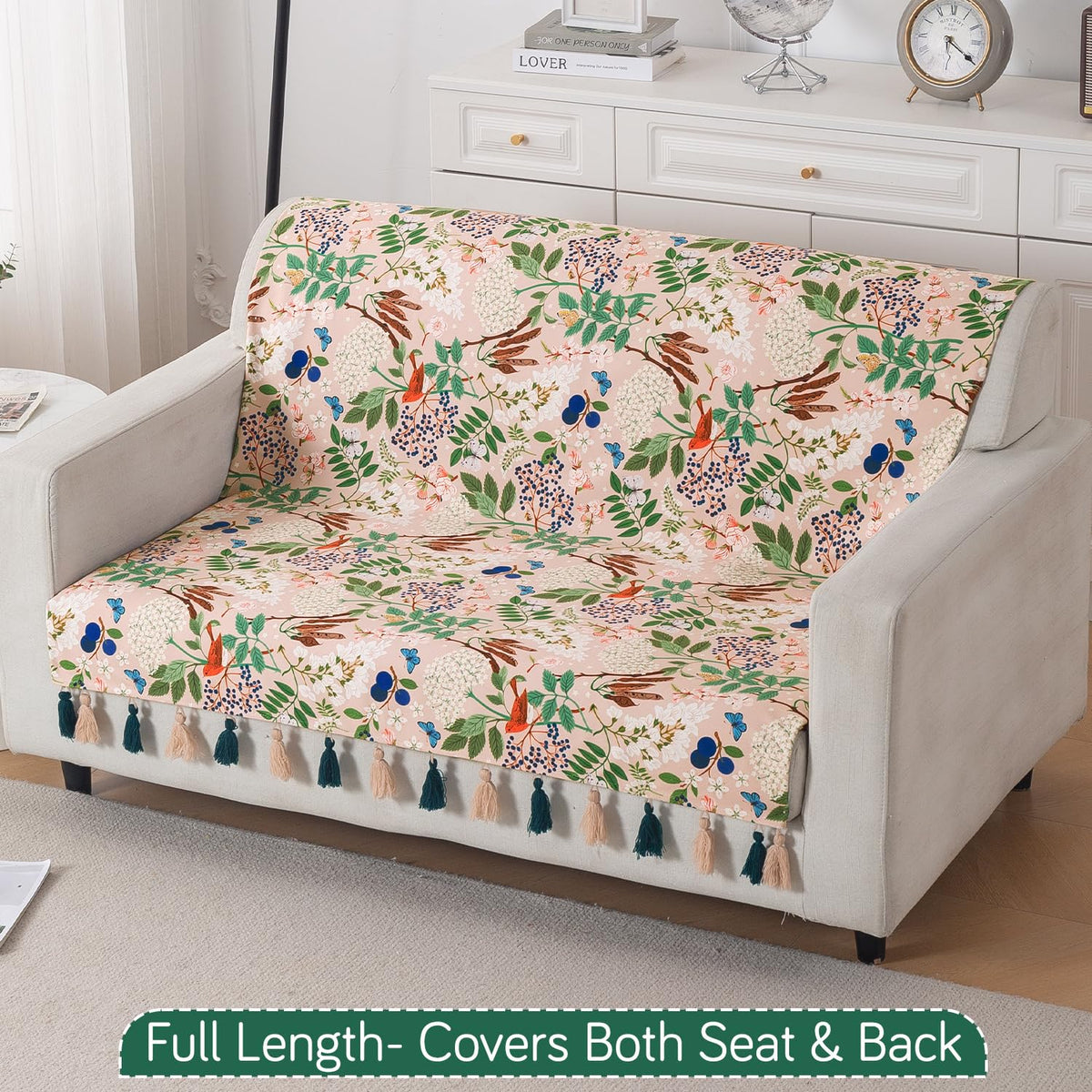 'Whispers of Nature' Series Holland Velvet Sofa Cover with Tassel, Beige Woodland Bloom