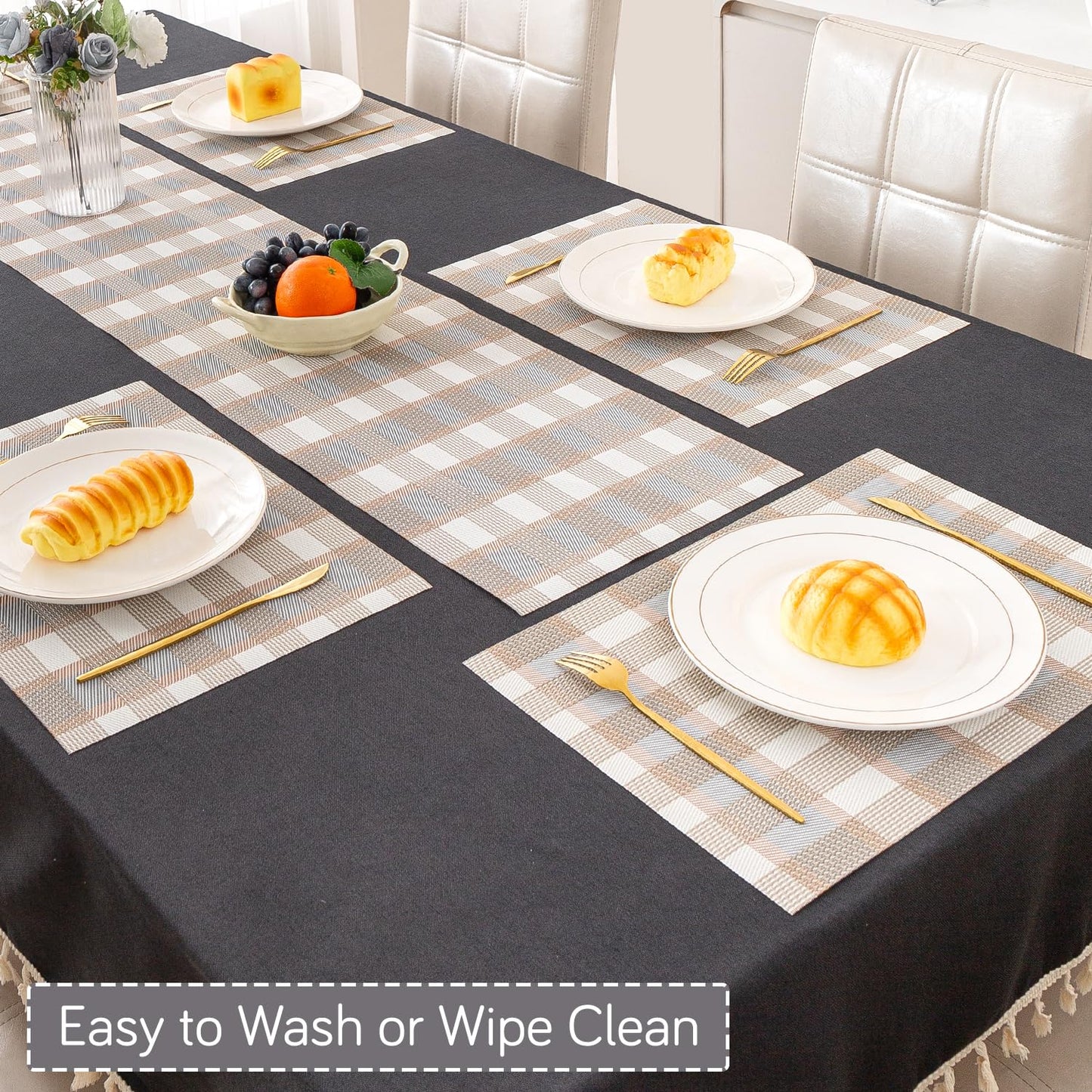 Classic Checks PVC Washable Mats for Dining Table - Stone Brown