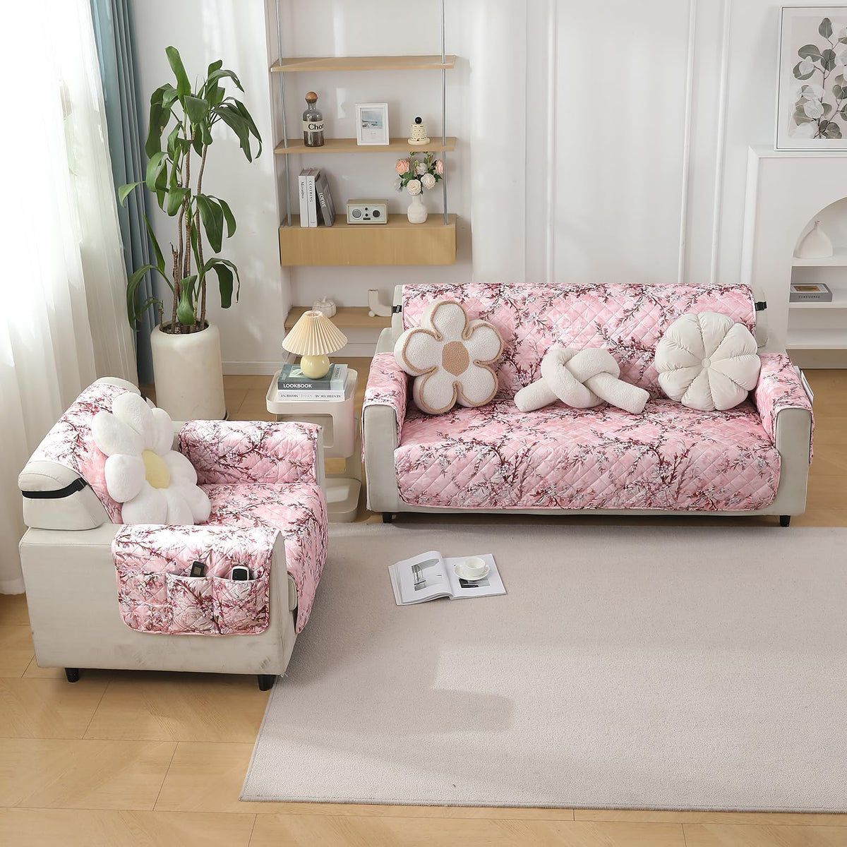 Blossom Flower Pink print quilted waterproof sofa cover set available for 1, 2 & 3  seater sofas