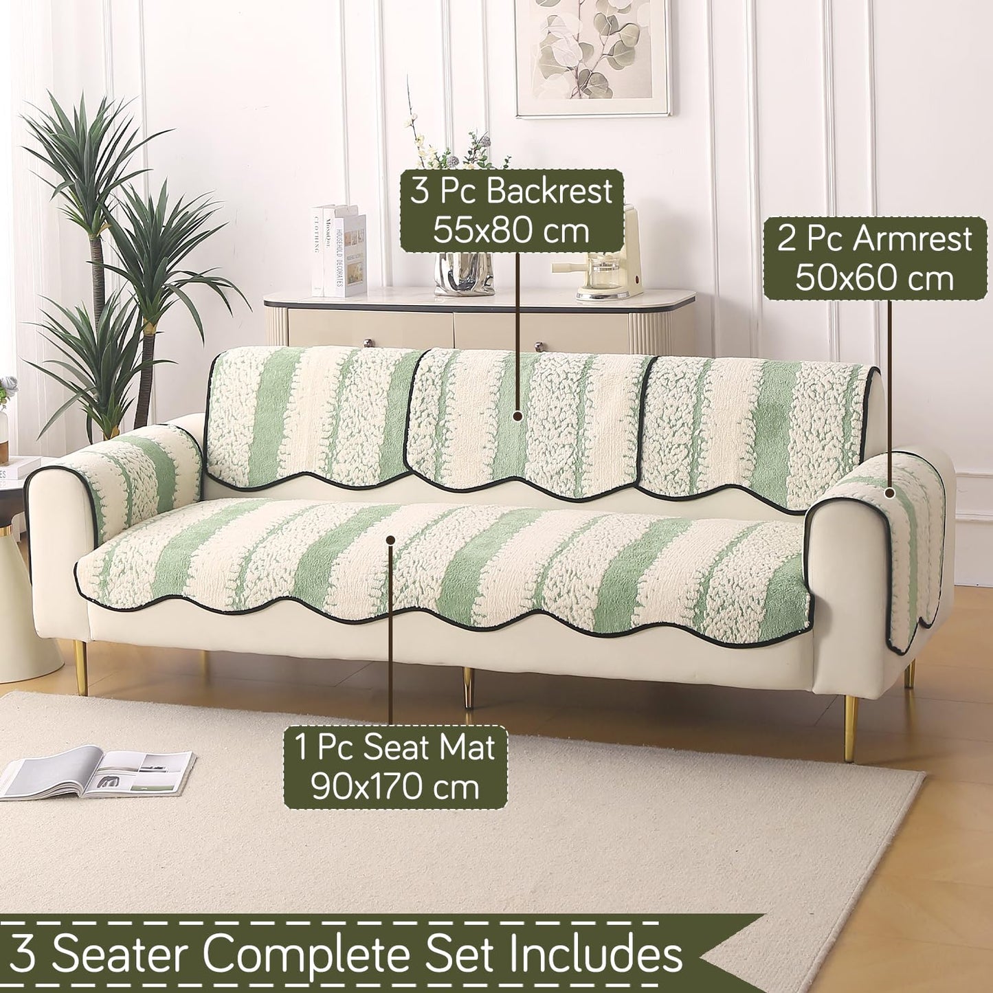 Luxury Sofa Cover Set | Seat, Back & Arm Covers | Anti-Slip Wavy Mat – Pistachio Green