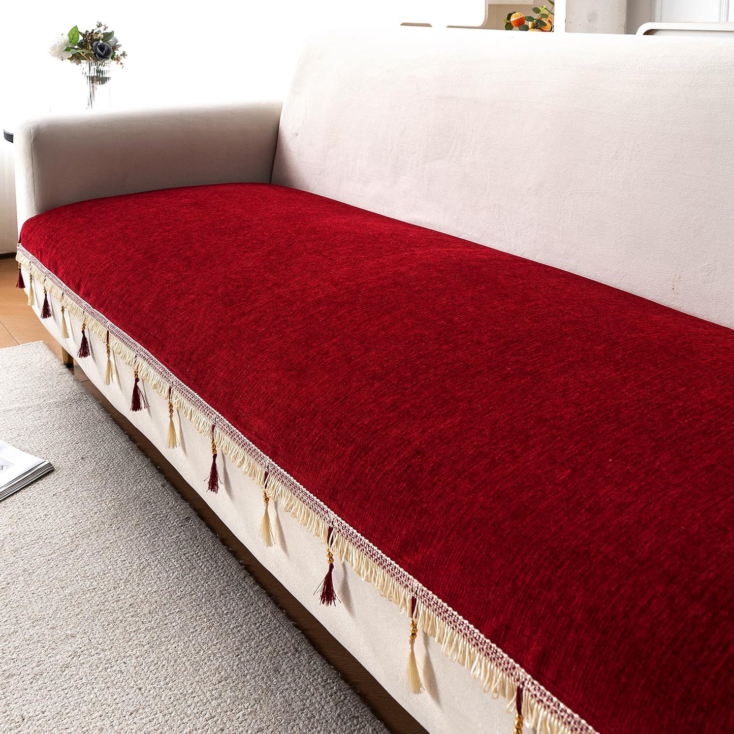 Serenity Tassel Chenille Sofa Cover with Tassel – Crimson Ruby