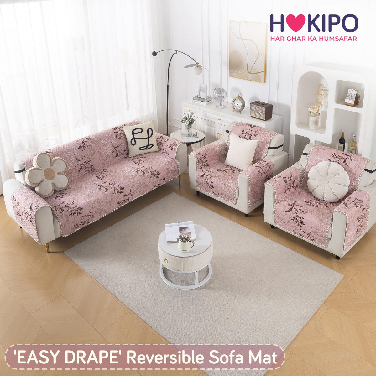 Easy Drape Reversible Quilted 5-Seater Sofa Cover (3+1+1), Blush Branch