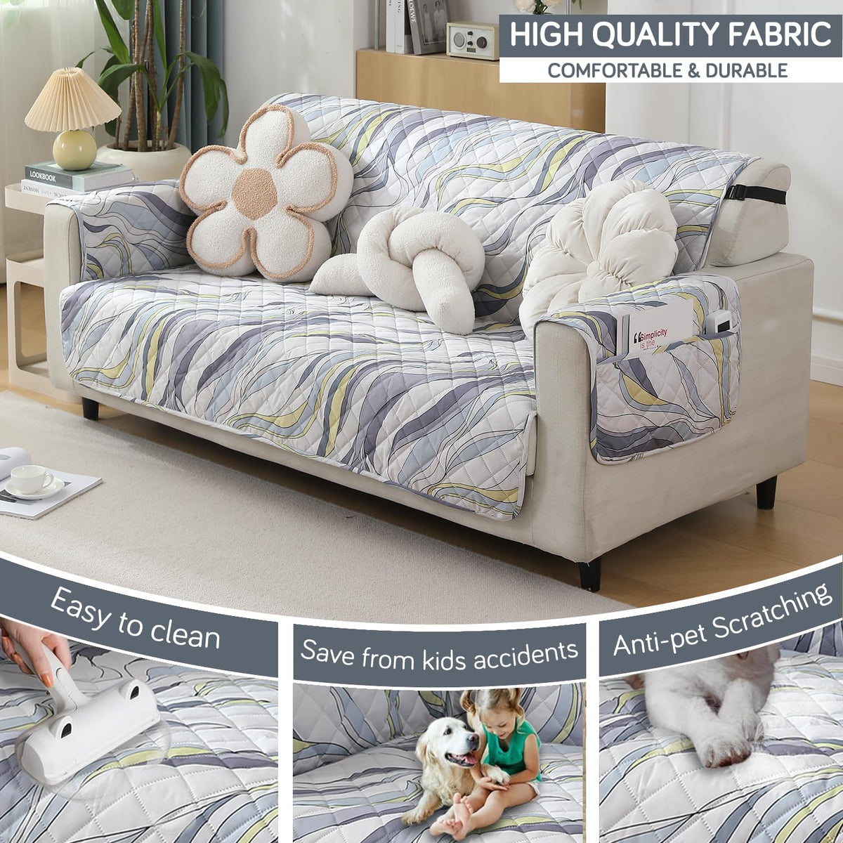 Curved Lines Pearl White print 2 seater quilted waterproof sofa cover | Hokipo