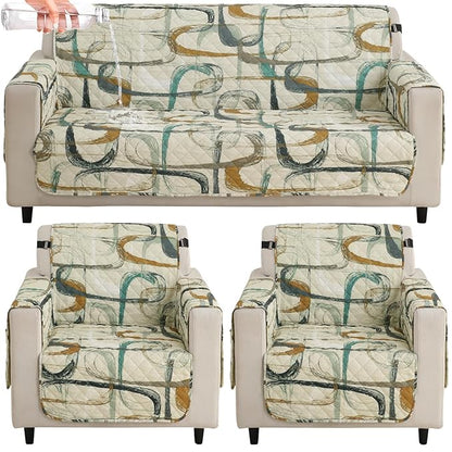 Waterproof & Quick-Dry Quilted Sofa Cover with Pockets on Armrest, Parchement Beige Abstract Art