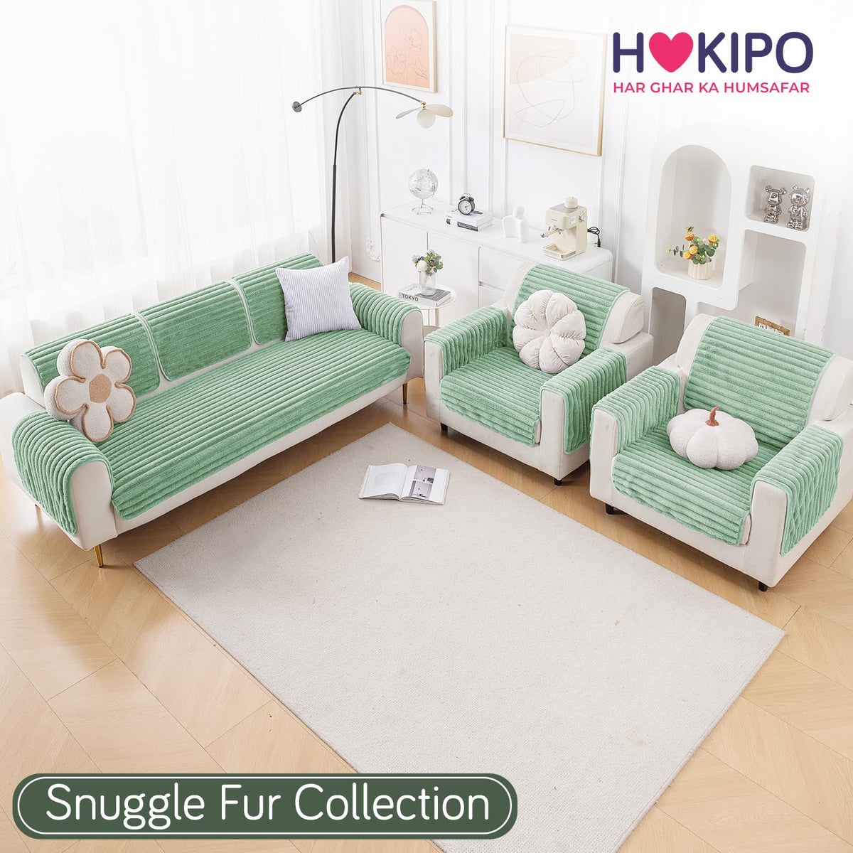 Faux Rabbit Fur Sofa Cover Combination Set, 'Snuggle Fur Series' Sage Green