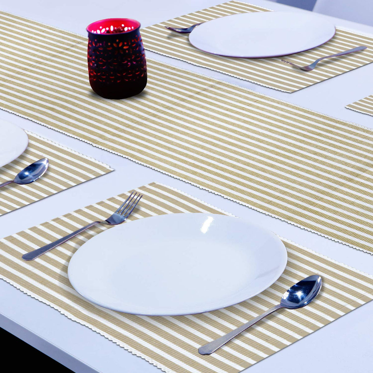 Ribbed Cotton Heat Resistant Dining Table Mat, Brown Striped
