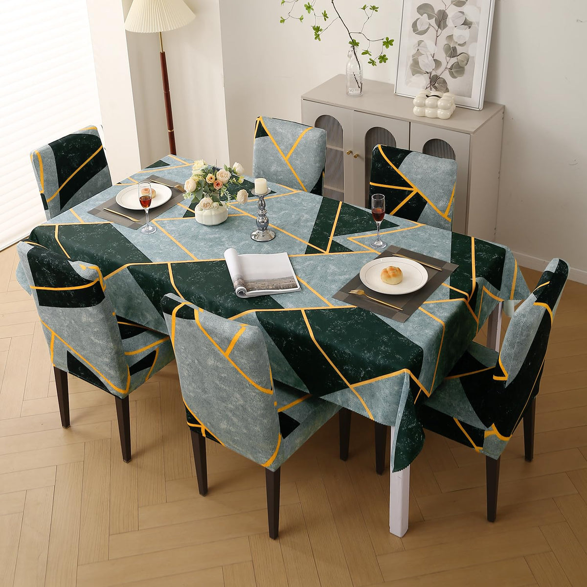 Elastic Dining Chair Covers with Matching Tablecloth, Multicolor Abstract Geometry