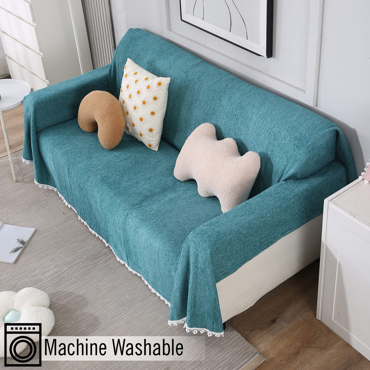 Blue colour chenille 3 seater sofa throw of size 180(D)x300(L)
