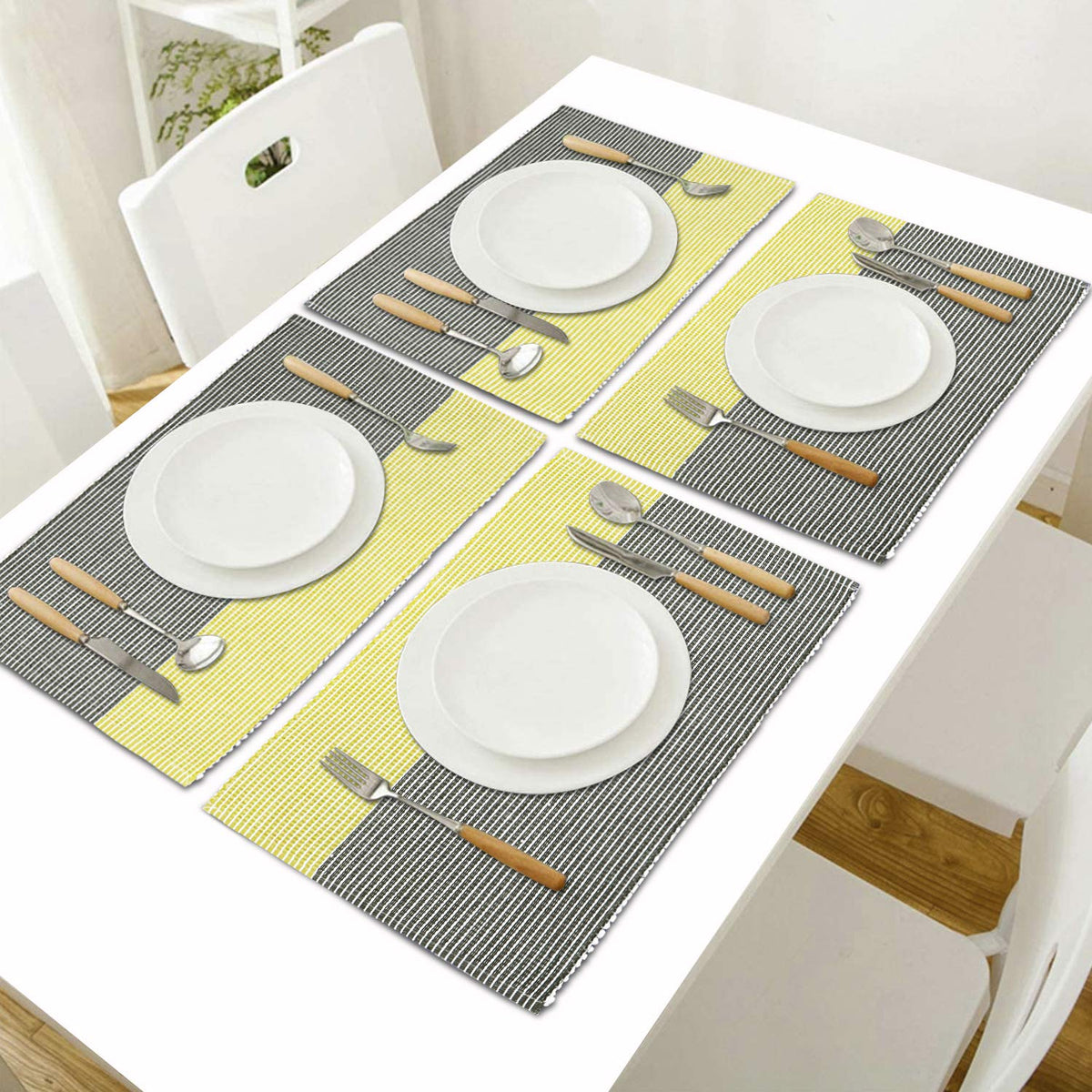 Ribbed Cotton Heat Resistant Dining Table Mat, Yellow & Grey