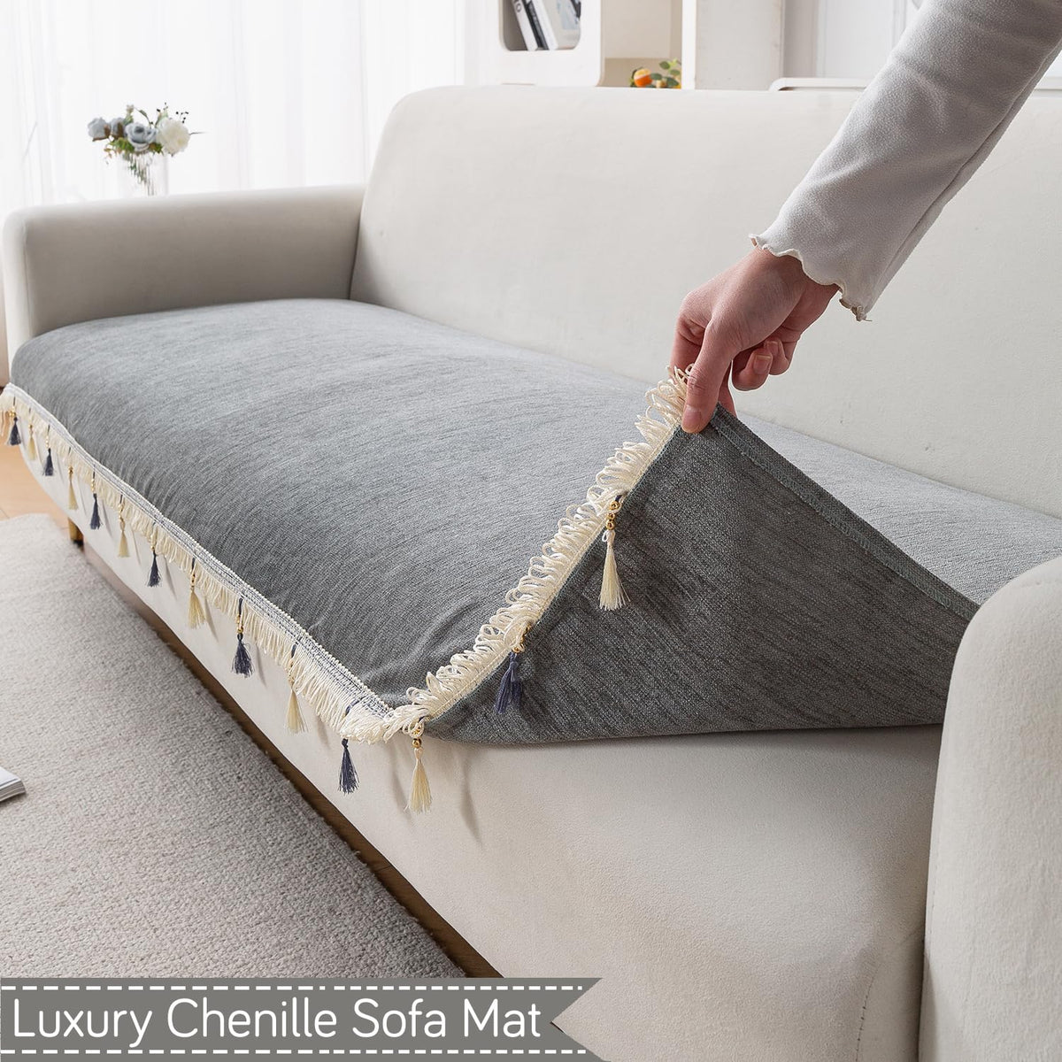 Serenity Tassel Chenille Sofa Cover with Tassel – Glacier Silver