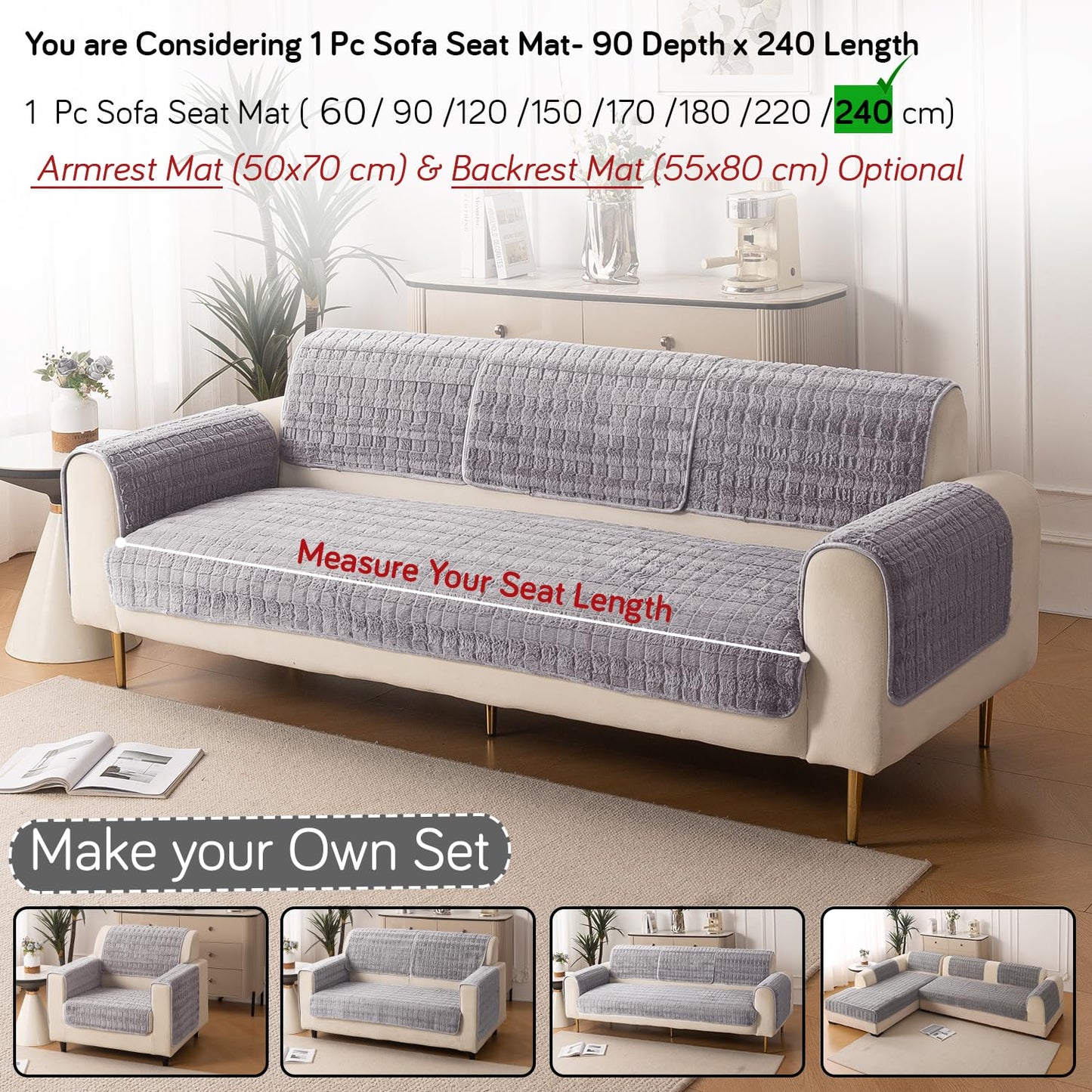 Premium Plush Anti Slip Sofa Cover Mat, Light Grey
