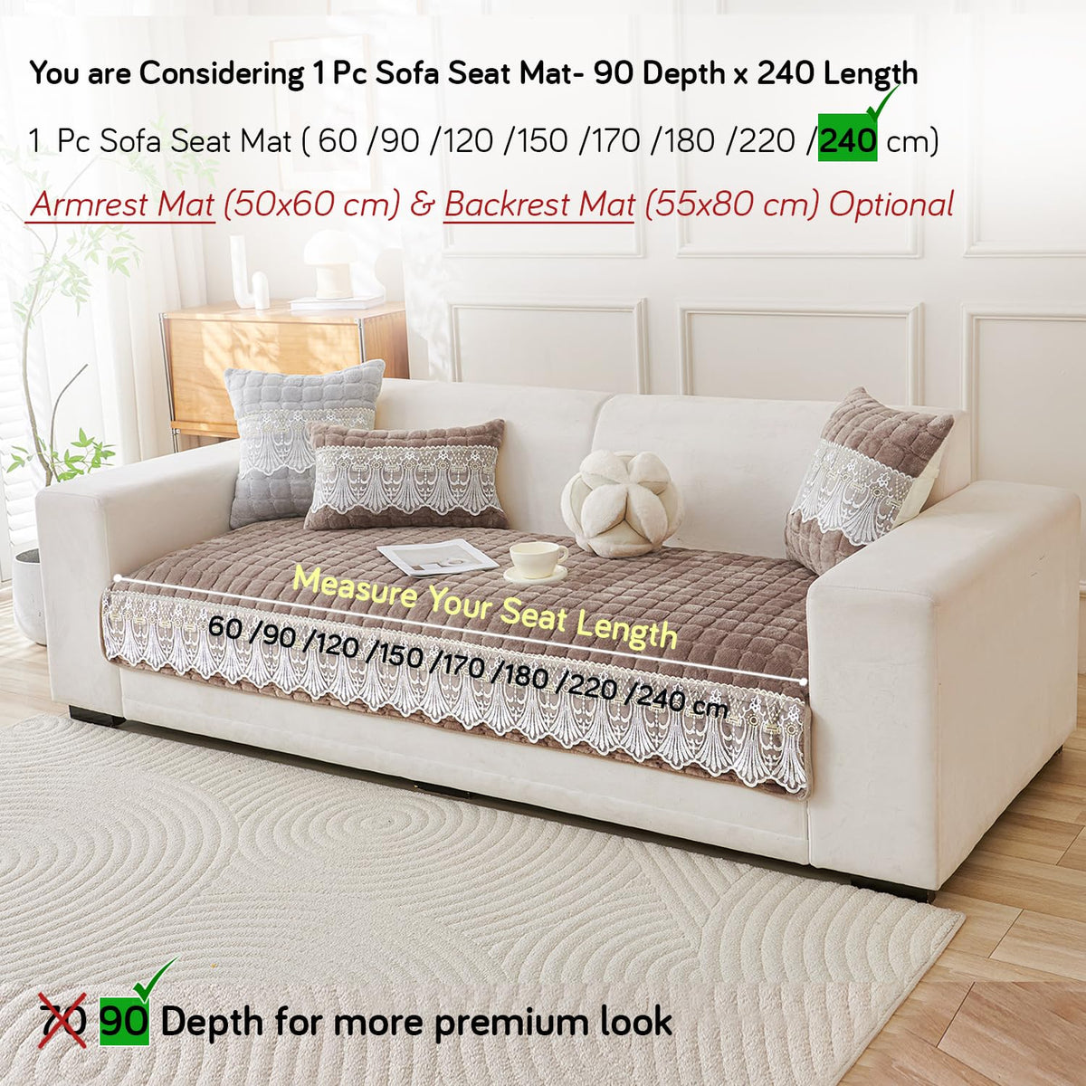 BelleLace Series Premium Imperial Milk Velvet Sofa Cover Mat with Lace Design -  Mocha Brown