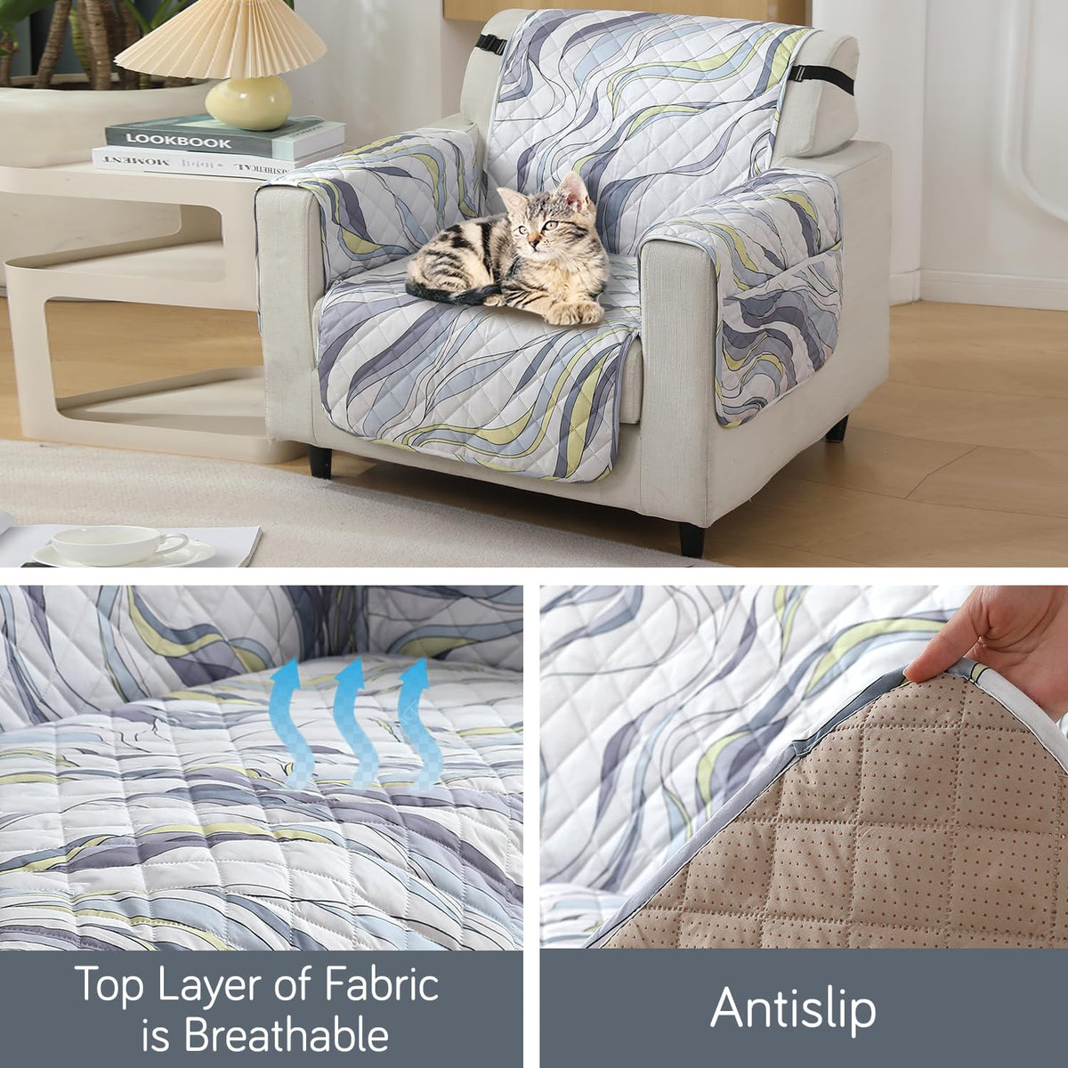 1 seater quilted waterproof sofa mat - Curved Lines Pearl White print  | Hokipo